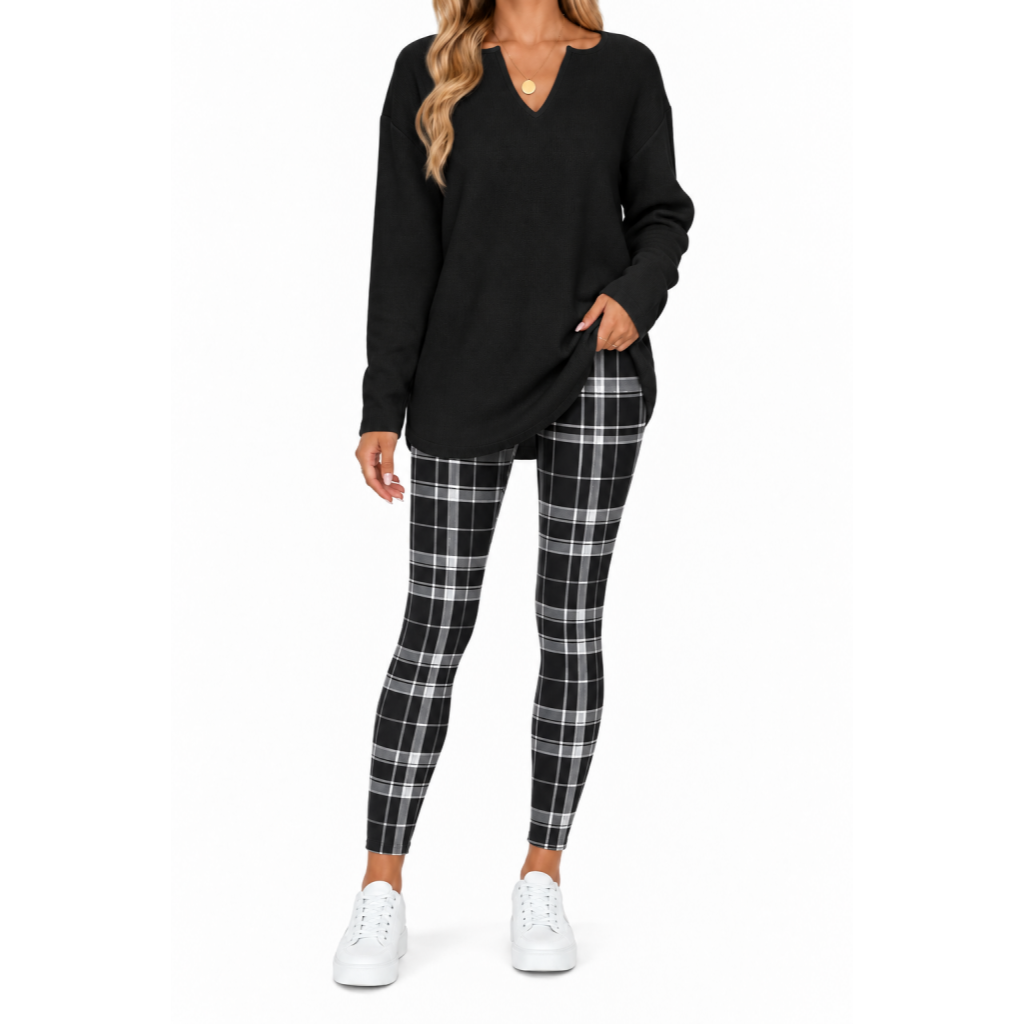 🔥 BESTSELLER | 8PCS $24.99 | Women's 2-Piece Lounge Set – Long Sleeve Top & Plaid Leggings