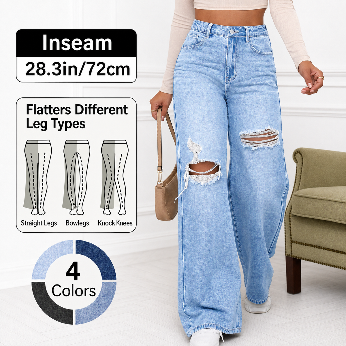 🔥 BESTSELLER | 8PCS $27.99 | Women's High Rise Ripped Wide Leg Jeans