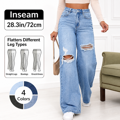 🔥 BESTSELLER | 8PCS $27.99 | Women's High Rise Ripped Wide Leg Jeans