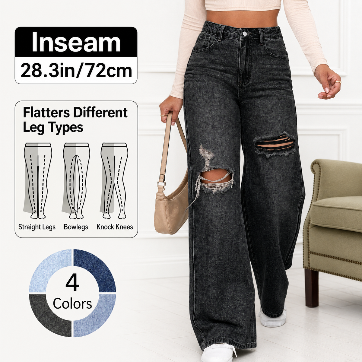 🔥 BESTSELLER | 8PCS $27.99 | Women's High Rise Ripped Wide Leg Jeans