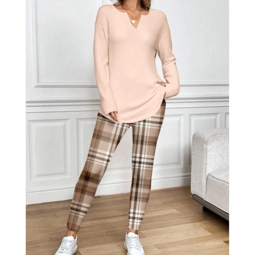 🔥 BESTSELLER | 8PCS $24.99 | Women's 2-Piece Lounge Set – Long Sleeve Top & Plaid Leggings