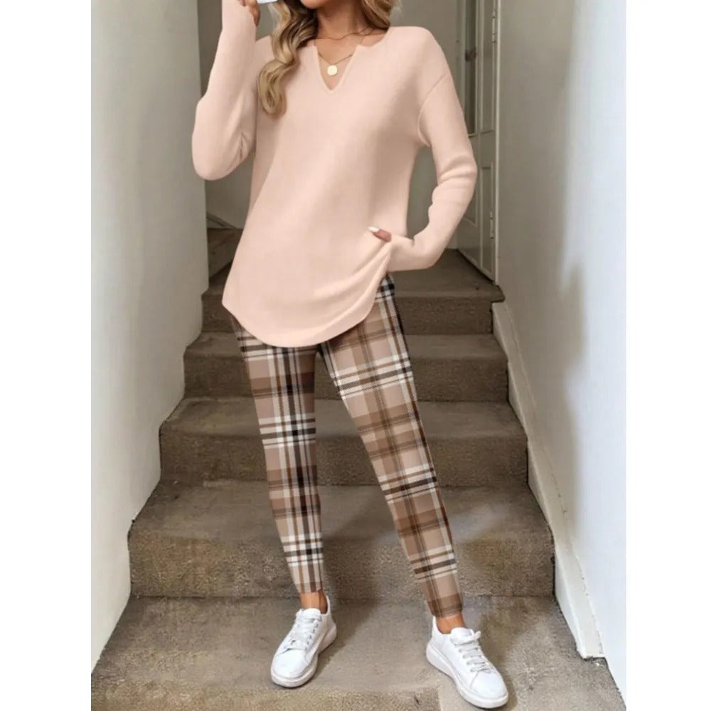 🔥 BESTSELLER | 8PCS $24.99 | Women's 2-Piece Lounge Set – Long Sleeve Top & Plaid Leggings