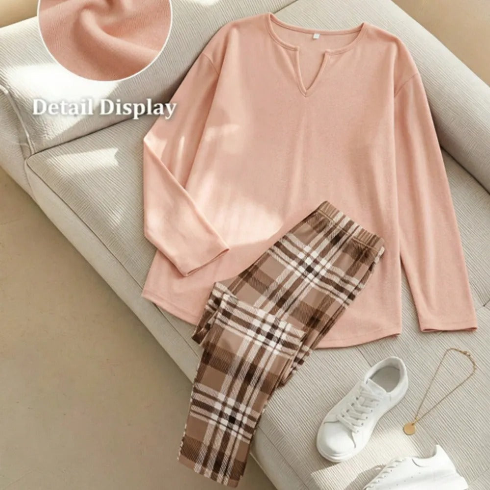 🔥 BESTSELLER | 8PCS $24.99 | Women's 2-Piece Lounge Set – Long Sleeve Top & Plaid Leggings