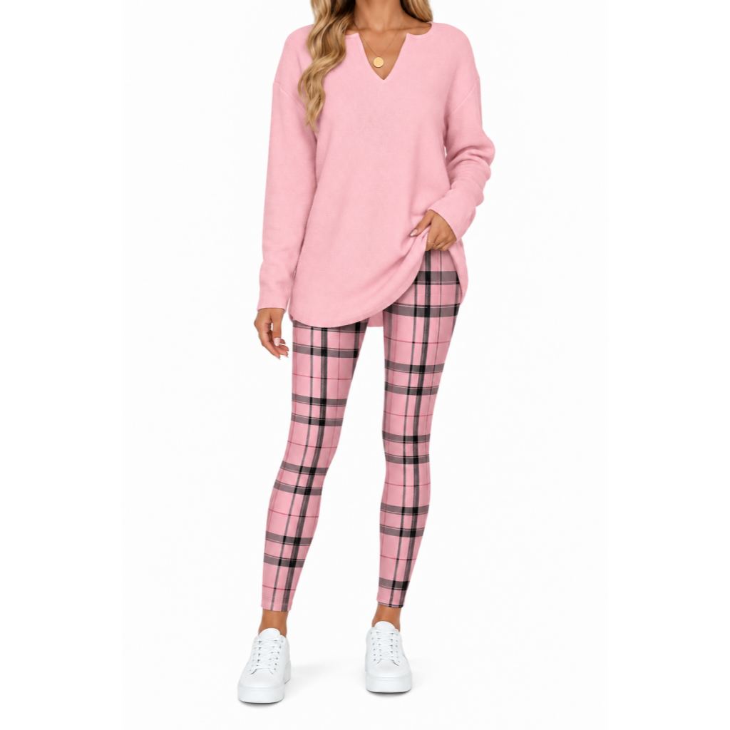🔥 BESTSELLER | 8PCS $24.99 | Women's 2-Piece Lounge Set – Long Sleeve Top & Plaid Leggings