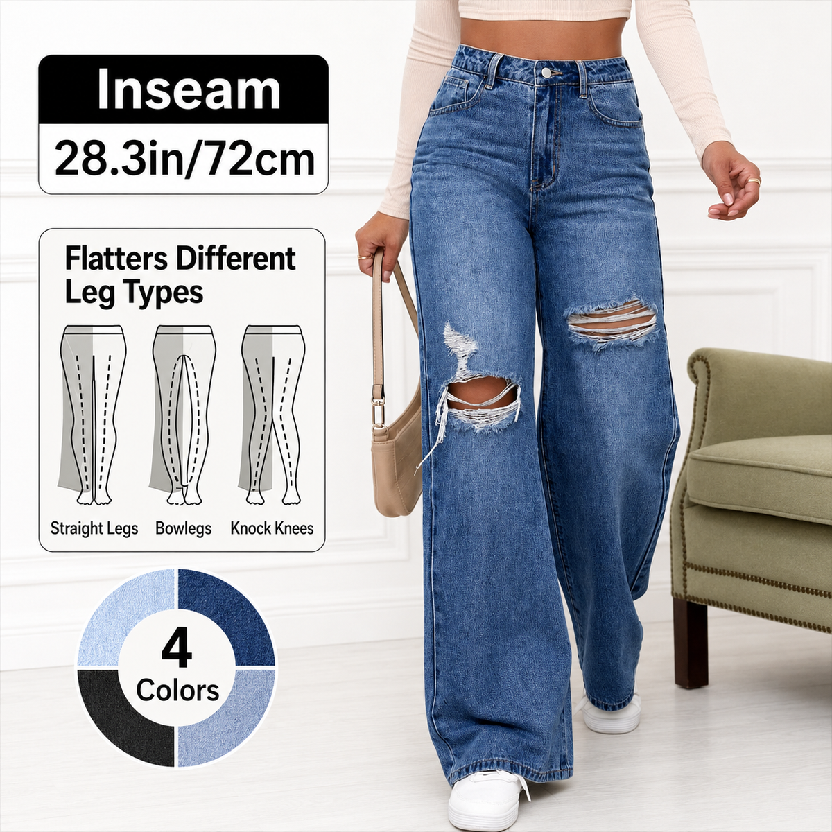 🔥 BESTSELLER | 8PCS $27.99 | Women's High Rise Ripped Wide Leg Jeans