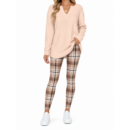 🔥 BESTSELLER | 8PCS $24.99 | Women's 2-Piece Lounge Set – Long Sleeve Top & Plaid Leggings