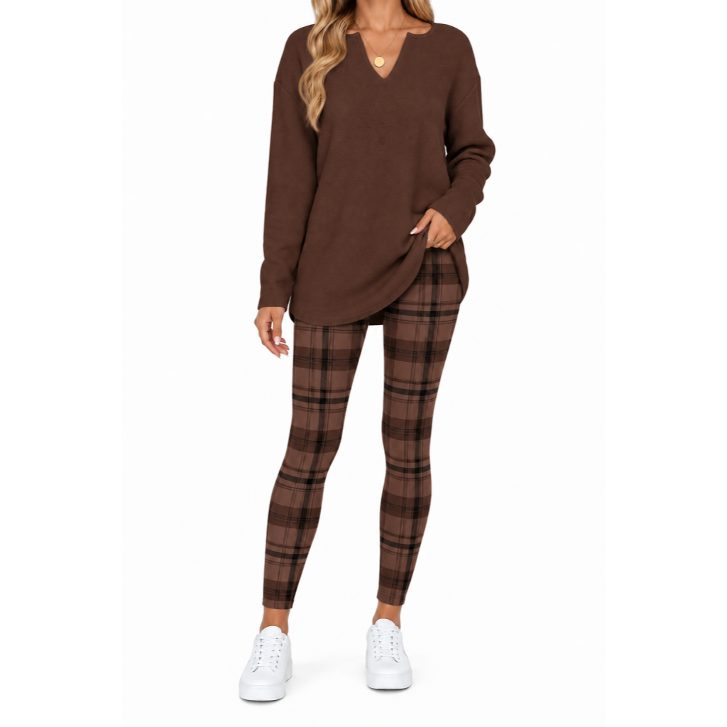 🔥 BESTSELLER | 8PCS $24.99 | Women's 2-Piece Lounge Set – Long Sleeve Top & Plaid Leggings