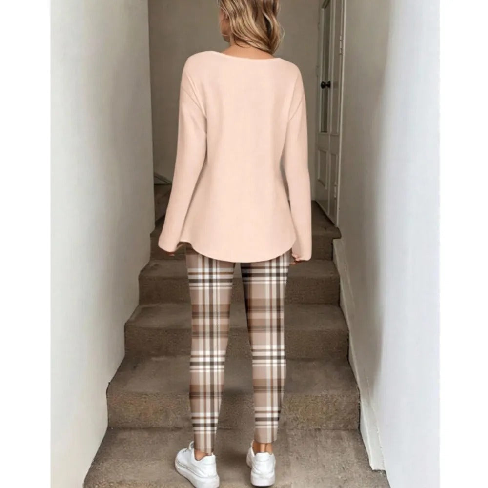 🔥 BESTSELLER | 8PCS $24.99 | Women's 2-Piece Lounge Set – Long Sleeve Top & Plaid Leggings